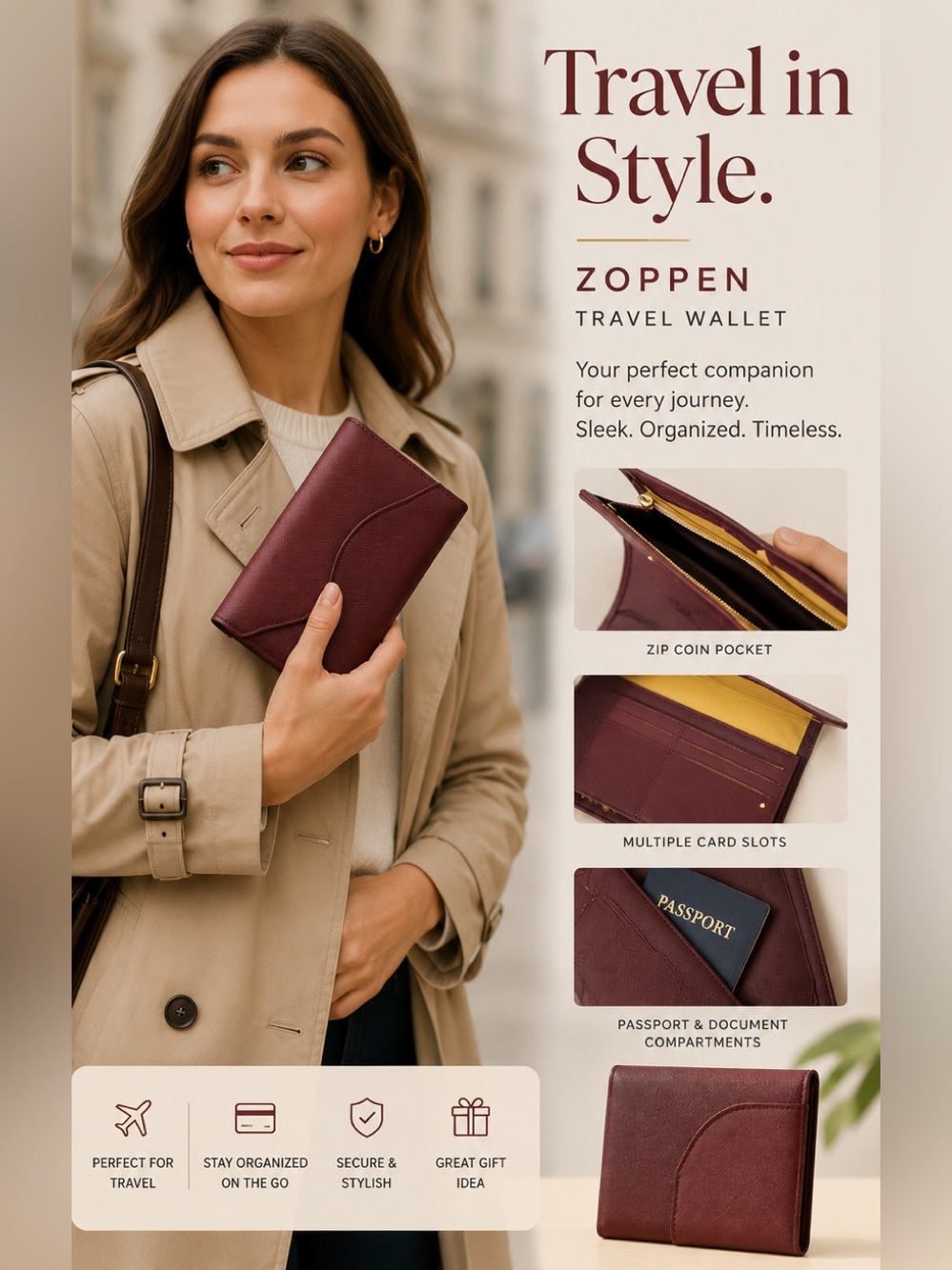 NEW Zoppen Textured Vegan Leather Trifold Wallet in Deep Burgundy
